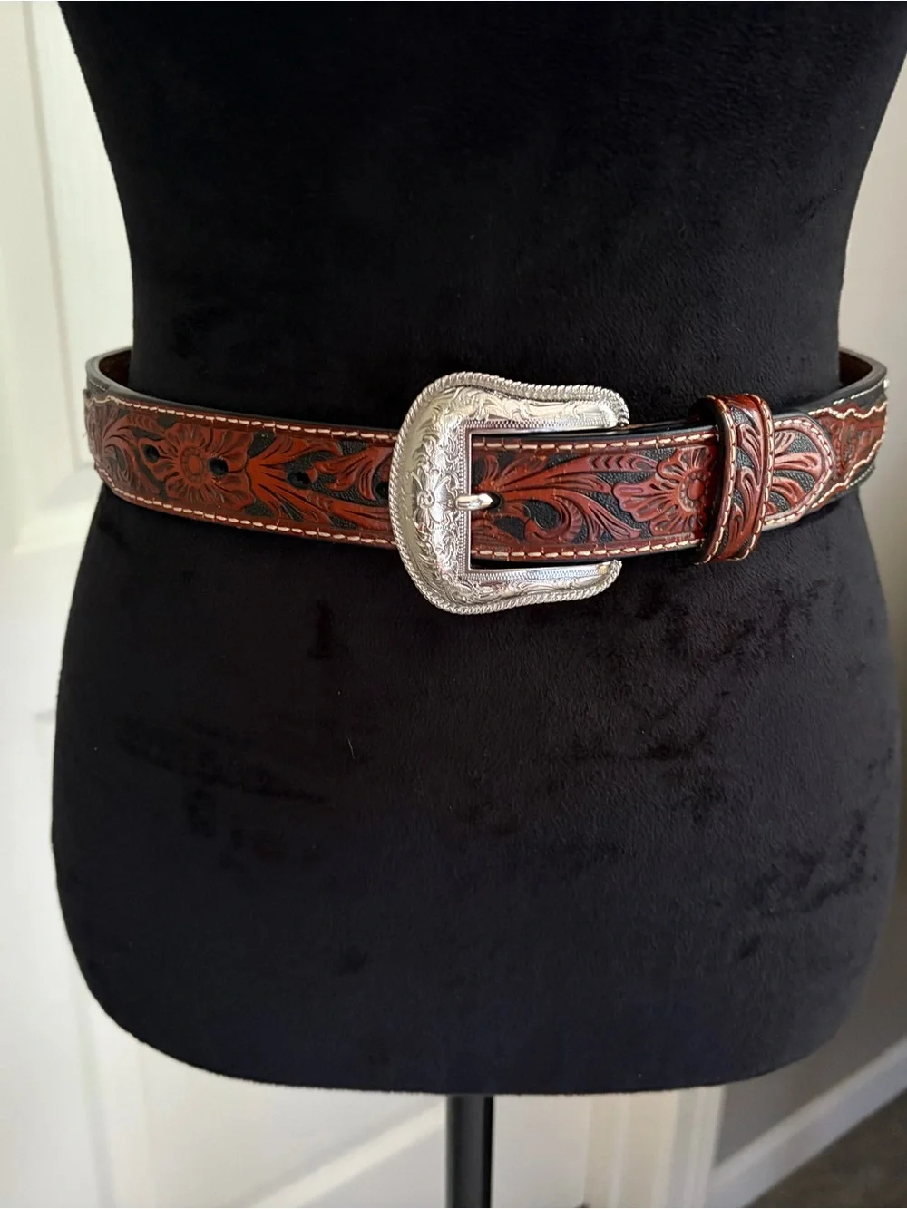 Nocona Tooled Dark Brown Leather Belt with Silver Buckle